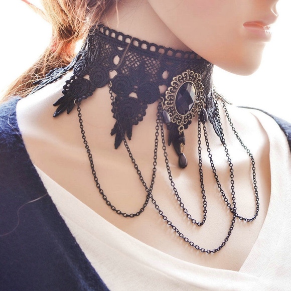 Jewelry - Black Victorian Lace Chain Tassel Choker Necklace